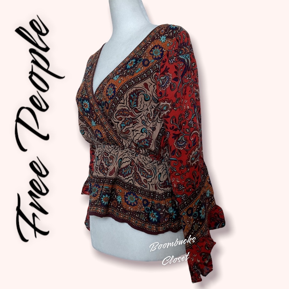NWT Free People  Boho  Red Combo Wrap Top XS Bell Sleeves, Long Sleeves - Picture 5 of 13